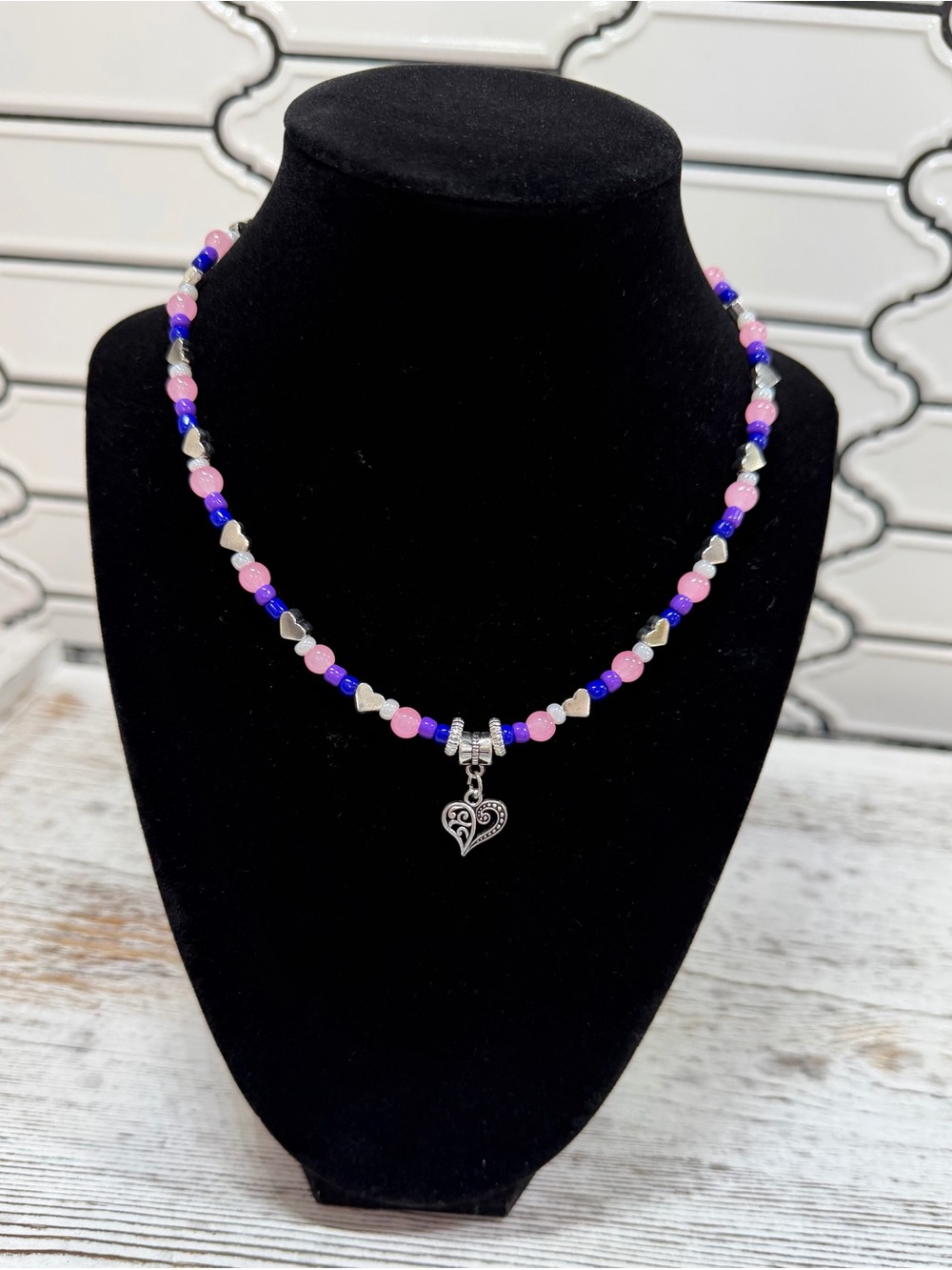 Handcrafted Pink & Blue Beaded Heart Pendant Necklace by